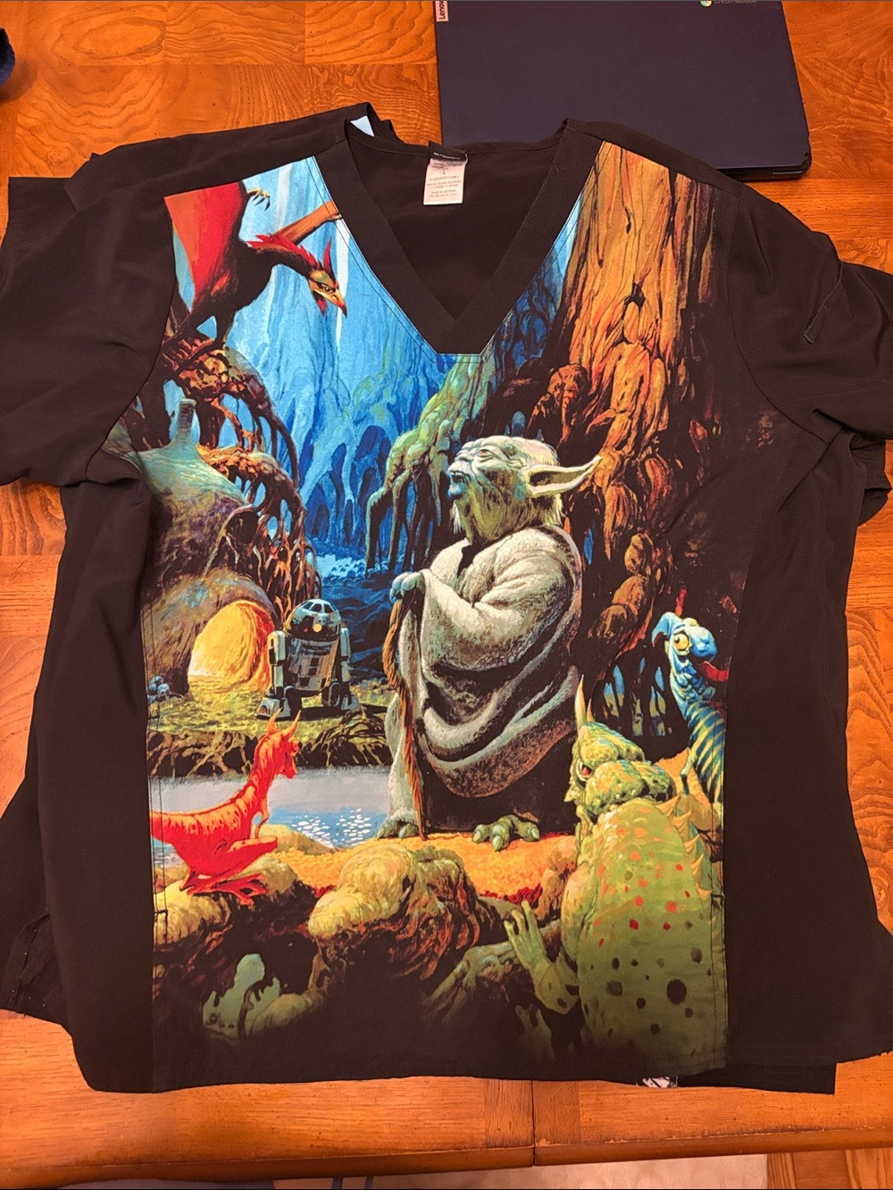 Cherokee Black V-Neck Scrub Top with Multicolor Star Wars Yoda Panel